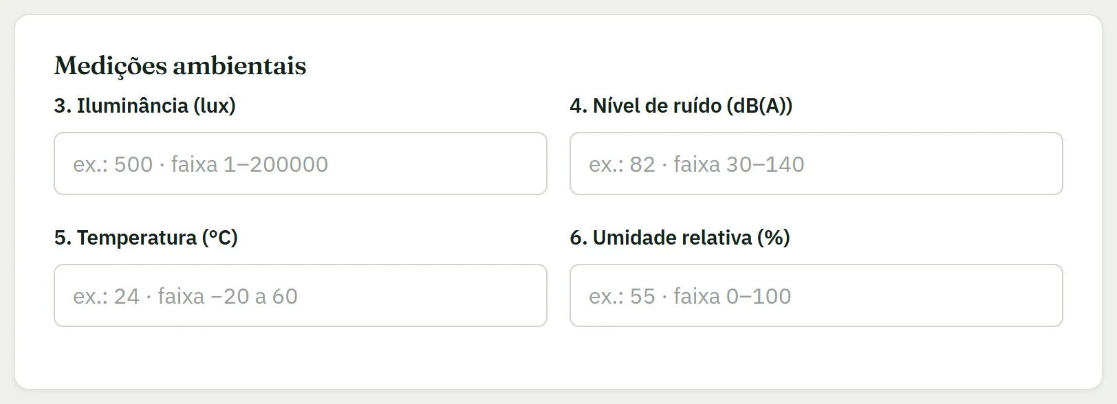 Formulário de medições ambientais do posto