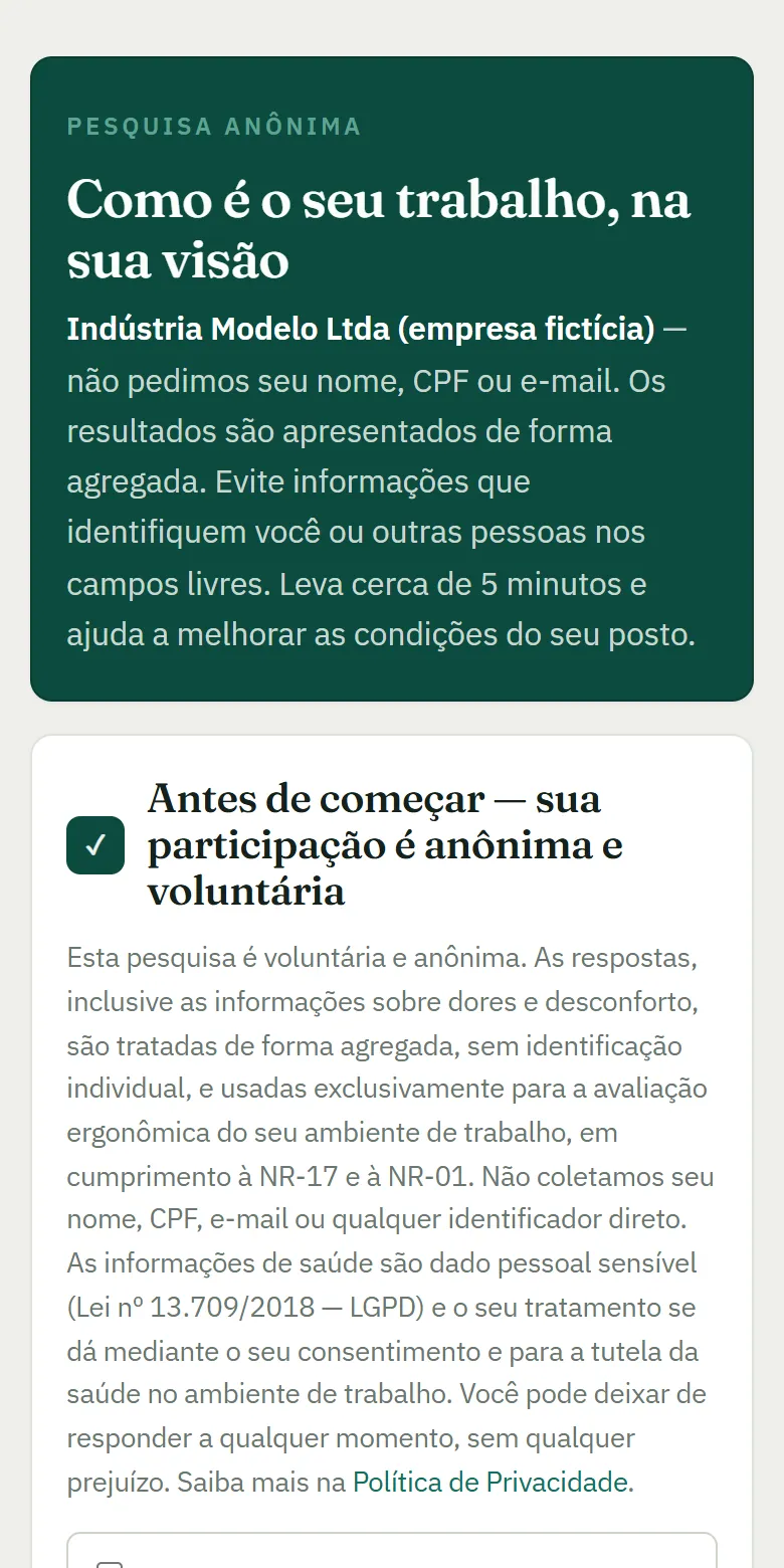 Pesquisa anônima dos trabalhadores aberta no celular